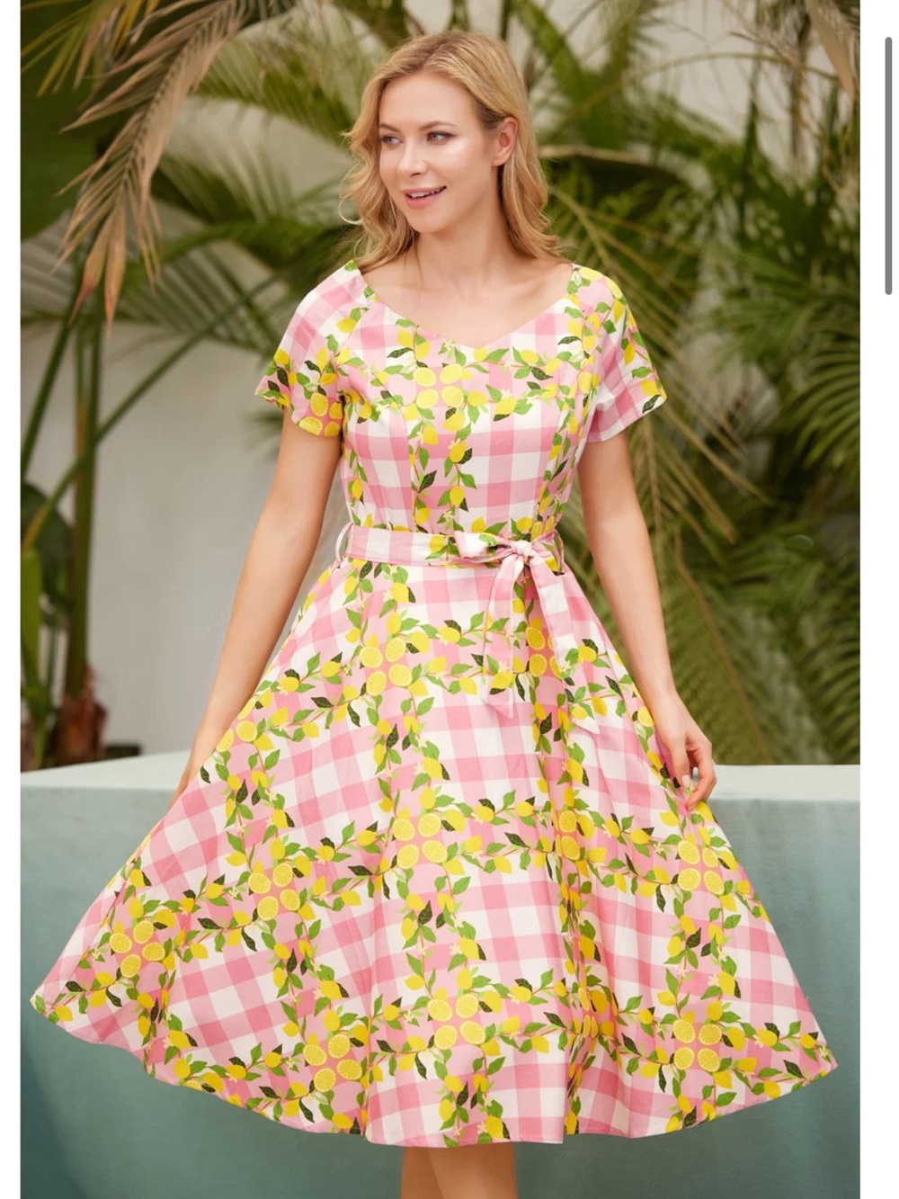 Miss Lulo Pink & White Gingham Lemon 1950s Inspired Retro Pinup Swing Dress Sz S